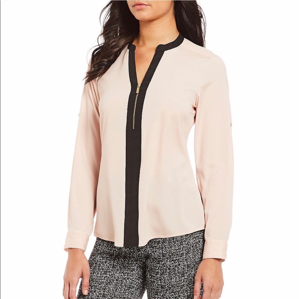 Calvin Klein Roll Sleeve Half Zip Front Blouse